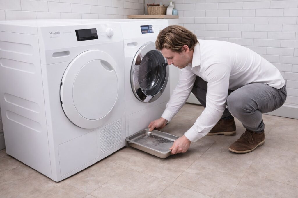 Man legt een lekbak uit een voorlader wasmachine in een lichte wasruimte met witte tegelwand.